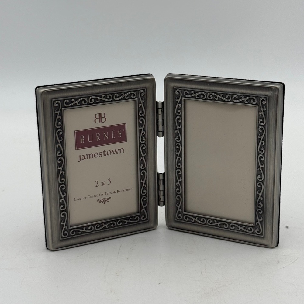 Burnes of Boston Jamestown Double Picture Frame Pewter Scroll 2x3 Hinged 1997